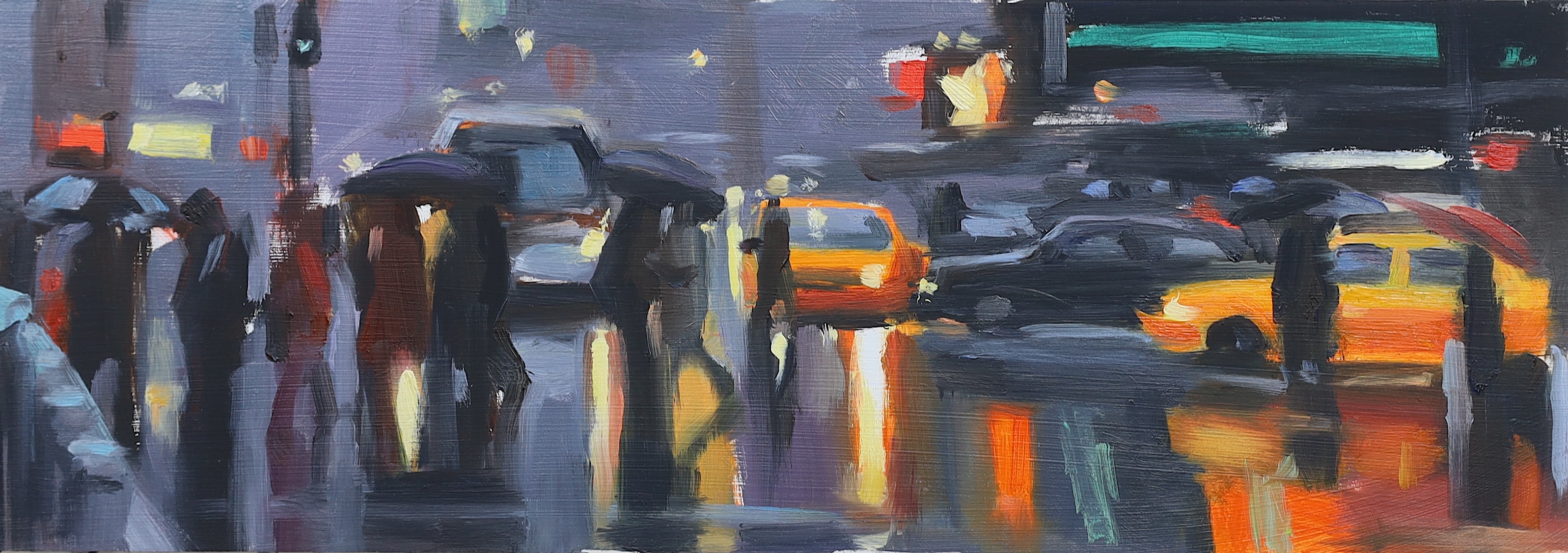 Liam Spencer (British, b.1964), 'New York Taxis', oil on panel, 15 x 43cm